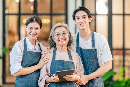 Mother, daughter, and son pose outside their family run ceramic shop and warehouse, presenting a...