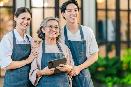 Mother, daughter, and son pose outside their family run ceramic shop and warehouse, presenting a...