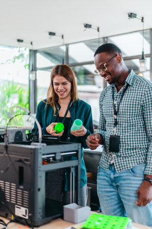 Two product designers examine and discuss 3D printed prototypes in design studio. Highlighting teamwork, creativity, and hands-on testing in product development using additive manufacturing technologyの写真素材