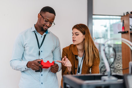Two product designers examine and discuss 3D printed prototypes in design studio. Highlighting teamwork, creativity, and hands-on testing in product development using additive manufacturing technologyの写真素材