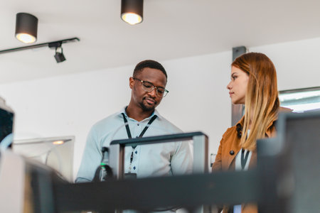 Two product designers examine and discuss 3D printed prototypes in design studio. Highlighting teamwork, creativity, and hands-on testing in product development using additive manufacturing technologyの写真素材