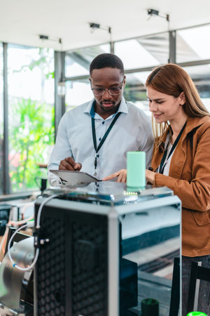 Two product designers examine and discuss 3D printed prototypes in design studio. Highlighting teamwork, creativity, and hands-on testing in product development using additive manufacturing technologyの写真素材