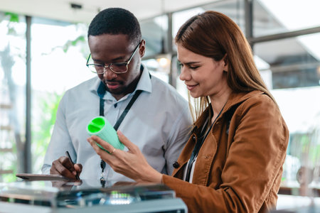 Two product designers examine and discuss 3D printed prototypes in design studio. Highlighting teamwork, creativity, and hands-on testing in product development using additive manufacturing technologyの写真素材