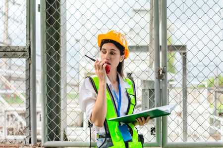 A female field analyst performs inspection and data collection at a pumping station. Technical...