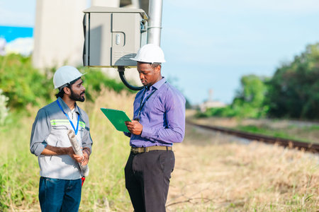Engineer presents railway development proposal to investor during site visit, discussing green...
