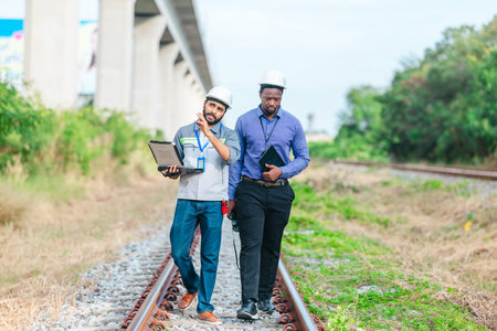 Engineer presents railway development proposal to investor during site visit, discussing green...