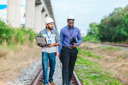Engineer presents railway development proposal to investor during site visit, discussing green...
