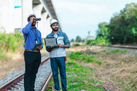 Engineer presents railway development proposal to investor during site visit, discussing green...