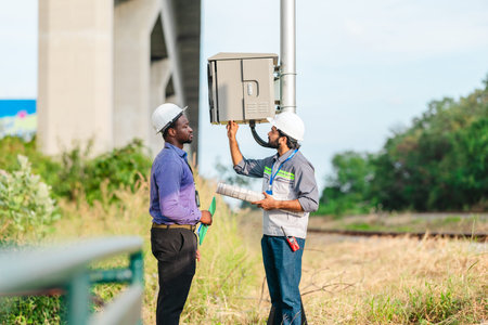 Engineer presents railway development proposal to investor during site visit, discussing green...