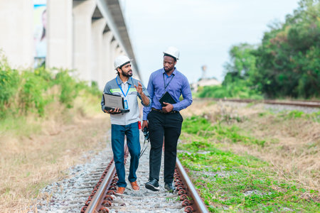 Engineer presents railway development proposal to investor during site visit, discussing green...