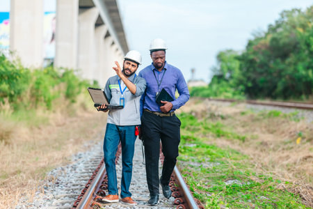 Engineer presents railway development proposal to investor during site visit, discussing green...