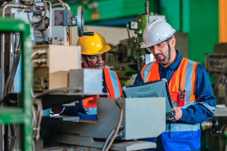 A supervisor mentors a technician using a rugged laptop beside a production machine in a...