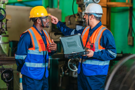 A supervisor mentors a technician using a rugged laptop beside a production machine in a...