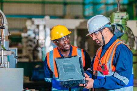 A supervisor mentors a technician using a rugged laptop beside a production machine in a...