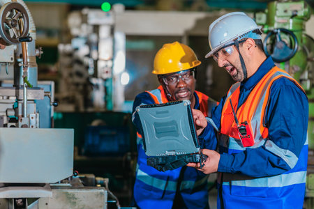 A supervisor mentors a technician using a rugged laptop beside a production machine in a...