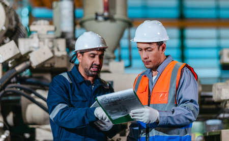A supervisor mentors a technician using a rugged laptop beside a production machine in a...