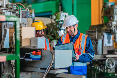 A supervisor mentors a technician using a rugged laptop beside a production machine in a...