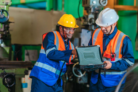 A supervisor mentors a technician using a rugged laptop beside a production machine in a...