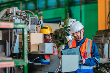 A supervisor mentors a technician using a rugged laptop beside a production machine in a...