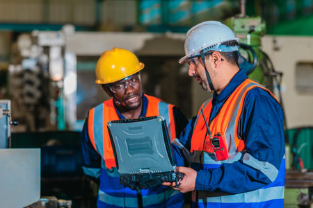 A supervisor mentors a technician using a rugged laptop beside a production machine in a...