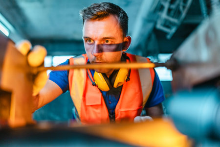Technician performs hands-on maintenance and precise machine adjustment on heavy industrial...