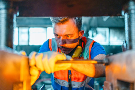 Technician performs hands-on maintenance and precise machine adjustment on heavy industrial...