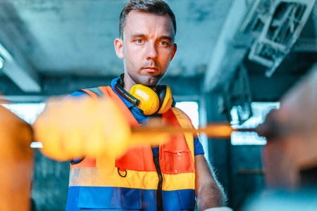 Technician performs hands-on maintenance and precise machine adjustment on heavy industrial...