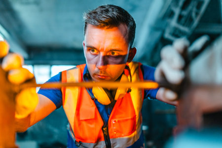 Technician performs hands-on maintenance and precise machine adjustment on heavy industrial...