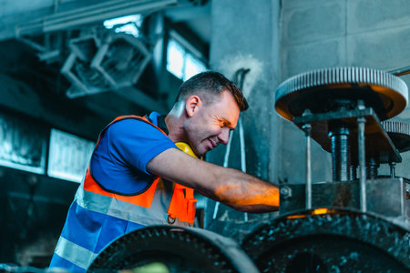 Technician performs hands-on maintenance and precise machine adjustment on heavy industrial...