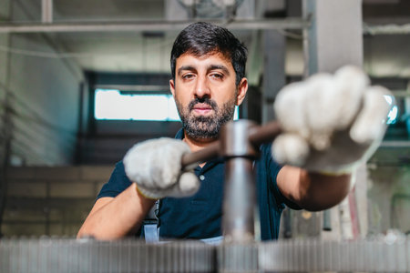 Technician performs hands-on maintenance and precise machine adjustment on heavy industrial...