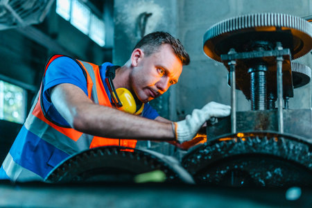 Technician performs hands-on maintenance and precise machine adjustment on heavy industrial...