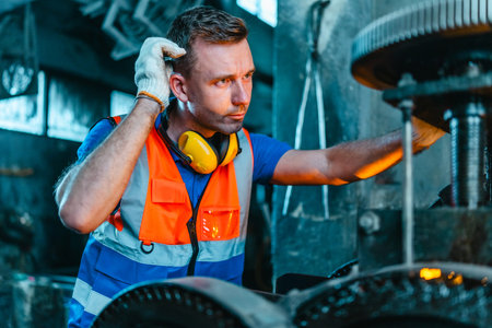 Technician performs hands-on maintenance and precise machine adjustment on heavy industrial...