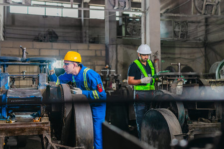 Factory technicians inspect and maintain heavy industrial machinery with manual tools and safety gear inside a traditional metal workshop, showing teamwork, upkeep, and skilled craftsmanship.