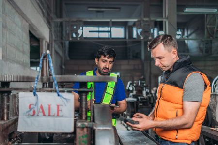 Industrial buyer inspects machinery and closes a purchase deal while an engineer gives maintenance training and aftersale support in a busy metal workshop.