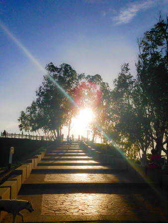 A sunlight through the tree with a scenery of shadow of stairs and blue sky in Chanthaburi Thailand.の写真素材