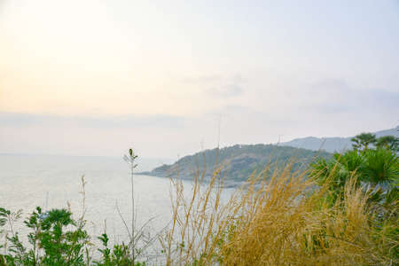 Grass blowing on a PromThep cape in Phuket Thailand with the scenery of island, blue sea and partly cloud.の写真素材