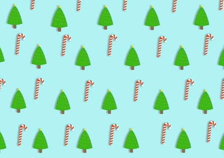 Christmas trees and Candy canes pattern with drop shadow on pastel mint coloured background. (Vector illustration)のイラスト素材