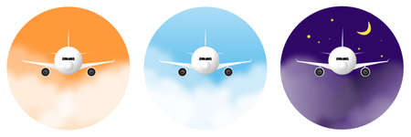 Plane vector flying forward in the cloudy and starry sky in the morning, afternoon and night on a circle backgroundのイラスト素材