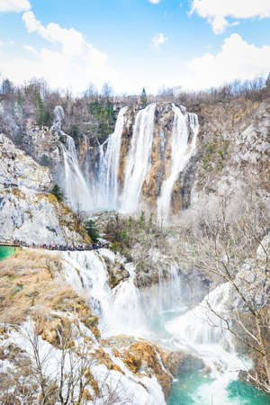 Beautiful Waterfalls at Plitvice Lakes National Park with cloudy blu sky (natural unesco world heritage site)の写真素材