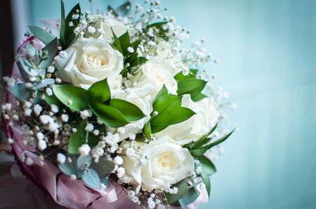 Wedding close up of white bridal bouquetの写真素材