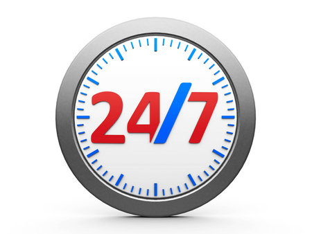 Round-the-clock emblem on white background represents 24 hours service, three-dimensional rendering