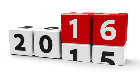White cubes with 2015-2016 change on a white table represents the new 2016, three-dimensional...