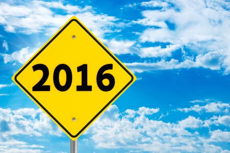 Road sign 2016 on skyの写真素材