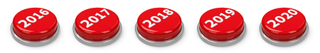 Red 2016, 2017, 2018, 2019, 2020 buttons isolated on white background, three-dimensional renderingの写真素材