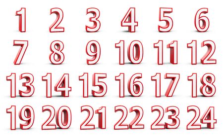 Red numbers set from 1 to 24 - represents christmas calendar - isolated on white background,...