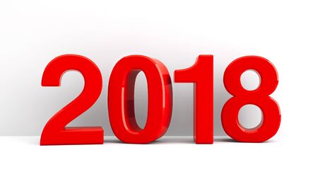 Red 2018 symbol, icon or button on white wall, represents the new year 2018, three-dimensional...