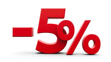 Red minus five percent sign isolated on white background, three-dimensional rendering, 3D illustrationの写真素材