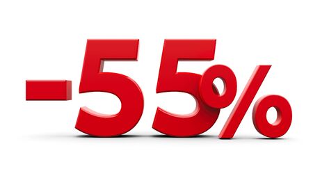 Red minus fifty five percent sign isolated on white background, three-dimensional rendering, 3D...