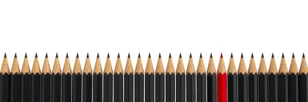 Red pencil among black pencils - conceptual image of the individuality, three-dimensional rendering, 3D illustrationの写真素材