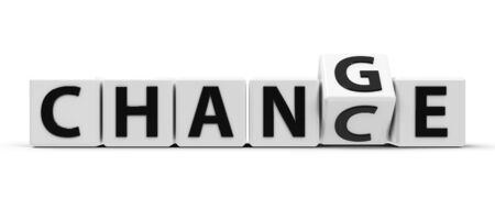 White cubes with flip cube create words - change and chance - on a white tableの写真素材